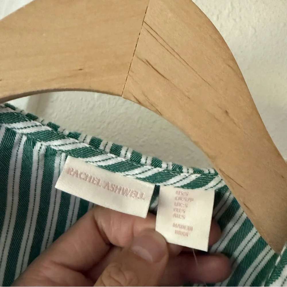 RACHEL ASHWELL green white striped cotton sailor Peter Pan cottage prairie top - Picture 6 of 7